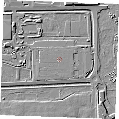 Shaded relief map of the ground around SS179FF, computed from Environment Agency LiDAR. The ground here sits at about 4 m above sea level and falls 9 m across the surrounding 800 m. Surface water reaching this point runs off ground lying to the west-south-west, 0.8 m higher.