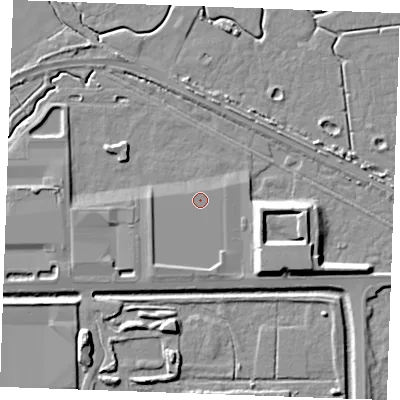 Shaded relief map of the ground around SS179FJ, computed from Environment Agency LiDAR. The ground here sits at about 4 m above sea level and falls 9 m across the surrounding 800 m. The ground contributing surface water to this point lies to the south-east.