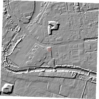 Shaded relief map of the ground around SS179GN, computed from Environment Agency LiDAR. The ground here sits at about 4 m above sea level and falls 8 m across the surrounding 800 m. Surface water reaching this point runs off ground lying to the west-south-west, 0.9 m higher.