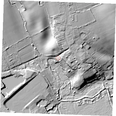 Shaded relief map of the ground around SS179JR, computed from Environment Agency LiDAR. The ground here sits at about 11 m above sea level and falls 27 m across the surrounding 800 m. Surface water reaching this point runs off ground lying to the north, 17.9 m higher.