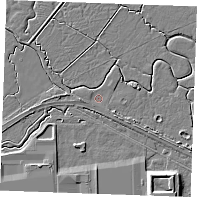 Shaded relief map of the ground around SS179LA, computed from Environment Agency LiDAR. The ground here sits at about 2 m above sea level and falls 8 m across the surrounding 800 m. Surface water reaching this point runs off ground lying to the west-north-west, 0.8 m higher.