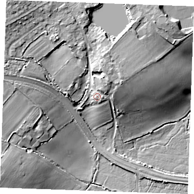 Shaded relief map of the ground around SS179LB, computed from Environment Agency LiDAR. The ground here sits at about 13 m above sea level and falls 20 m across the surrounding 800 m. Surface water reaching this point runs off ground lying to the north-east, 2.7 m higher.