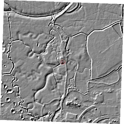 Shaded relief map of the ground around SS179LG, computed from Environment Agency LiDAR. The ground here sits at about 3 m above sea level and falls 4 m across the surrounding 800 m. Surface water reaching this point runs off ground lying to the north, 2.6 m higher.