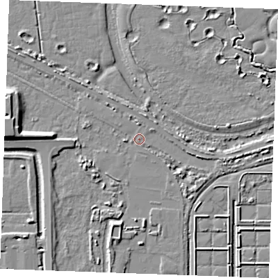 Shaded relief map of the ground around SS179LP, computed from Environment Agency LiDAR. The ground here sits at about 3 m above sea level and falls 8 m across the surrounding 800 m. Surface water reaching this point runs off ground lying to the south-east, 3.5 m higher.