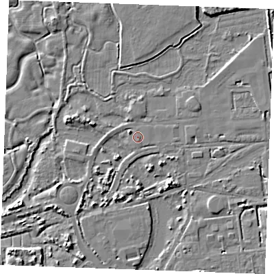 Shaded relief map of the ground around SS179LQ, computed from Environment Agency LiDAR. The ground here sits at about 3 m above sea level and falls 5 m across the surrounding 800 m. Surface water reaching this point runs off ground lying to the south-south-east, 0.6 m higher.