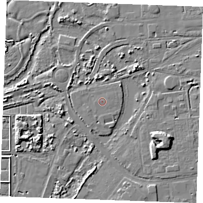Shaded relief map of the ground around SS179LW, computed from Environment Agency LiDAR. The ground here sits at about 3 m above sea level and falls 8 m across the surrounding 800 m. The ground contributing surface water to this point lies to the south-west.