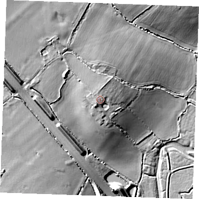 Shaded relief map of the ground around SS179NA, computed from Environment Agency LiDAR. The ground here sits at about 15 m above sea level and falls 17 m across the surrounding 800 m. Surface water reaching this point runs off ground lying to the south-south-west, 2.8 m higher.
