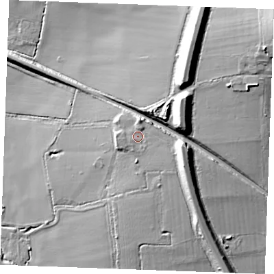 Shaded relief map of the ground around SS75BN, computed from Environment Agency LiDAR. The ground here sits at about 13 m above sea level and falls 35 m across the surrounding 800 m. Surface water reaching this point runs off ground lying to the north, 2.9 m higher.