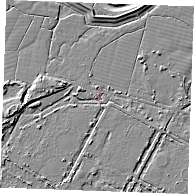Shaded relief map of the ground around SS80PY, computed from Environment Agency LiDAR. The ground here sits at about 3 m above sea level and falls 9 m across the surrounding 800 m. Surface water reaching this point runs off ground lying to the south-east, 2.7 m higher.