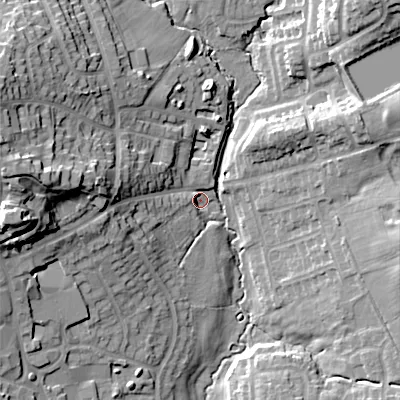 Shaded relief map of the ground around ST101BP, computed from Environment Agency LiDAR. The ground here sits at about 155 m above sea level and falls 32 m across the surrounding 800 m. Surface water reaching this point runs off ground lying to the west, 29.1 m higher.