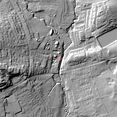 Shaded relief map of the ground around ST101GB, computed from Environment Agency LiDAR. The ground here sits at about 156 m above sea level and falls 31 m across the surrounding 800 m. Surface water reaching this point runs off ground lying to the north-east, 23.2 m higher.