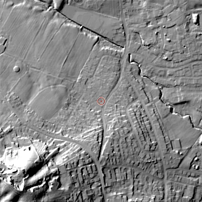 Shaded relief map of the ground around ST101JR, computed from Environment Agency LiDAR. The ground here sits at about 168 m above sea level and falls 69 m across the surrounding 800 m. Surface water reaching this point runs off ground lying to the south, 15.3 m higher.