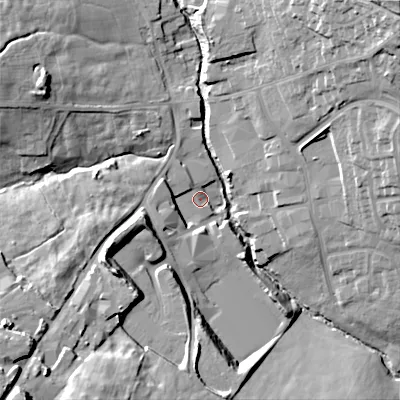 Shaded relief map of the ground around ST101UR, computed from Environment Agency LiDAR. The ground here sits at about 151 m above sea level and falls 36 m across the surrounding 800 m. Surface water reaching this point runs off ground lying to the west-south-west, 5.7 m higher.