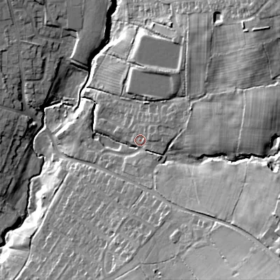 Shaded relief map of the ground around ST101XL, computed from Environment Agency LiDAR. The ground here sits at about 156 m above sea level and falls 35 m across the surrounding 800 m. Surface water reaching this point runs off ground lying to the east-north-east, 3.2 m higher.