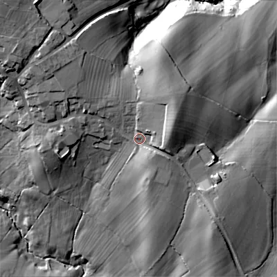 Shaded relief map of the ground around ST102DY, computed from Environment Agency LiDAR. The ground here sits at about 201 m above sea level and falls 60 m across the surrounding 800 m. Surface water reaching this point runs off ground lying to the east-north-east, 9.2 m higher.