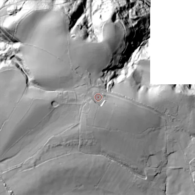 Shaded relief map of the ground around ST102EP, computed from Environment Agency LiDAR. The ground here sits at about 217 m above sea level and falls 98 m across the surrounding 800 m. Surface water reaching this point runs off ground lying to the south-south-east, 5.1 m higher.