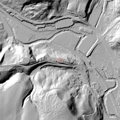 Shaded relief map of the ground around ST102HA, computed from Environment Agency LiDAR. The ground here sits at about 142 m above sea level and falls 75 m across the surrounding 800 m. Surface water reaching this point runs off ground lying to the south-west, 6.4 m higher.