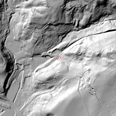 Shaded relief map of the ground around ST102HH, computed from Environment Agency LiDAR. The ground here sits at about 140 m above sea level and falls 118 m across the surrounding 800 m. Surface water reaching this point runs off ground lying to the east-south-east, 94.7 m higher.