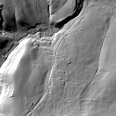 Shaded relief map of the ground around ST102PF, computed from Environment Agency LiDAR. The ground here sits at about 194 m above sea level and falls 49 m across the surrounding 800 m. Surface water reaching this point runs off ground lying to the south, 4.7 m higher.