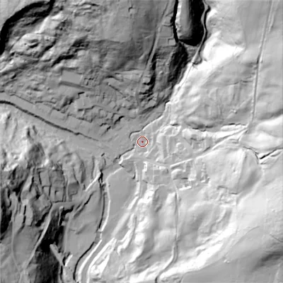 Shaded relief map of the ground around ST103AA, computed from Environment Agency LiDAR. The ground here sits at about 109 m above sea level and falls 89 m across the surrounding 800 m. Surface water reaching this point runs off ground lying to the north-east, 84.0 m higher.