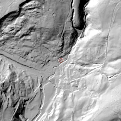 Shaded relief map of the ground around ST103AD, computed from Environment Agency LiDAR. The ground here sits at about 110 m above sea level and falls 94 m across the surrounding 800 m. Surface water reaching this point runs off ground lying to the north-east, 87.7 m higher.