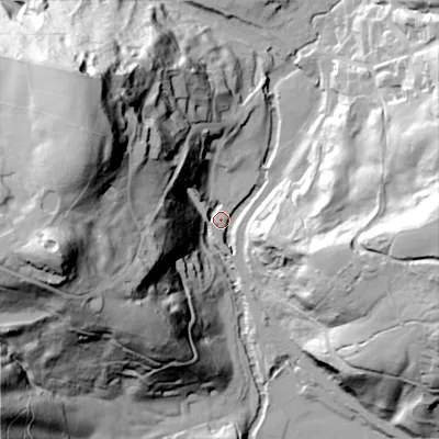 Shaded relief map of the ground around ST103AG, computed from Environment Agency LiDAR. The ground here sits at about 105 m above sea level and falls 84 m across the surrounding 800 m. Surface water reaching this point runs off ground lying to the west-north-west, 4.7 m higher.