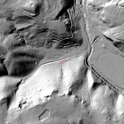 Shaded relief map of the ground around ST103AH, computed from Environment Agency LiDAR. The ground here sits at about 115 m above sea level and falls 99 m across the surrounding 800 m. Surface water reaching this point runs off ground lying to the south-south-west, 88.6 m higher.