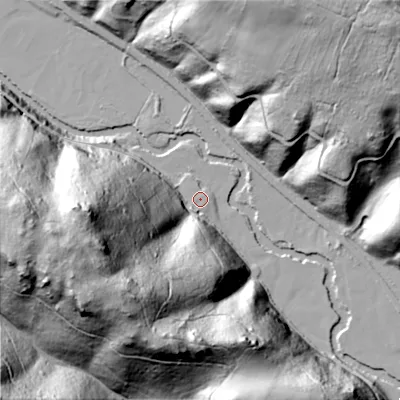 Shaded relief map of the ground around ST103AJ, computed from Environment Agency LiDAR. The ground here sits at about 103 m above sea level and falls 91 m across the surrounding 800 m. Surface water reaching this point runs off ground lying to the west-south-west, 84.5 m higher.