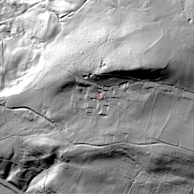 Shaded relief map of the ground around ST103BD, computed from Environment Agency LiDAR. The ground here sits at about 180 m above sea level and falls 132 m across the surrounding 800 m. Surface water reaching this point runs off ground lying to the north-east, 45.3 m higher.