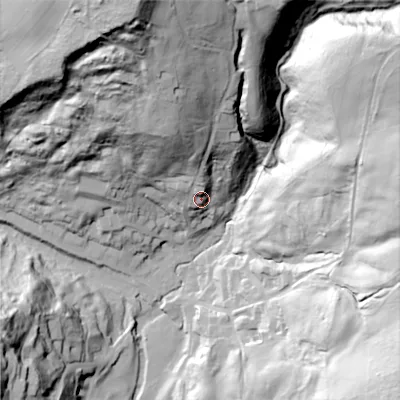 Shaded relief map of the ground around ST103DG, computed from Environment Agency LiDAR. The ground here sits at about 127 m above sea level and falls 94 m across the surrounding 800 m. Surface water reaching this point runs off ground lying to the north-north-west, 46.4 m higher.