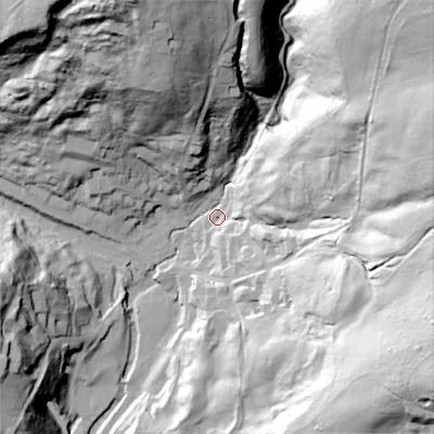 Shaded relief map of the ground around ST103DJ, computed from Environment Agency LiDAR. The ground here sits at about 112 m above sea level and falls 96 m across the surrounding 800 m. Surface water reaching this point runs off ground lying to the north-east, 89.6 m higher.