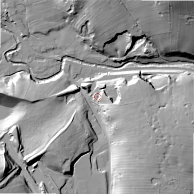Shaded relief map of the ground around ST103EG, computed from Environment Agency LiDAR. The ground here sits at about 219 m above sea level and falls 51 m across the surrounding 800 m. Surface water reaching this point runs off ground lying to the south-east, 21.7 m higher.