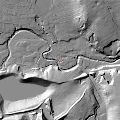 Shaded relief map of the ground around ST103HP, computed from Environment Agency LiDAR. The ground here sits at about 213 m above sea level and falls 42 m across the surrounding 800 m. Surface water reaching this point runs off ground lying to the south-west, 21.7 m higher.