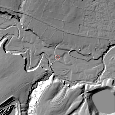 Shaded relief map of the ground around ST103HR, computed from Environment Agency LiDAR. The ground here sits at about 221 m above sea level and falls 32 m across the surrounding 800 m. Surface water reaching this point runs off ground lying to the north-north-west, 14.2 m higher.