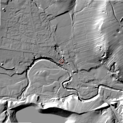 Shaded relief map of the ground around ST103HW, computed from Environment Agency LiDAR. The ground here sits at about 217 m above sea level and falls 49 m across the surrounding 800 m. Surface water reaching this point runs off ground lying to the north-west, 9.9 m higher.