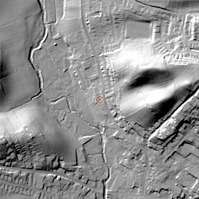 Shaded relief map of the ground around ST104DR, computed from Environment Agency LiDAR. The ground here sits at about 138 m above sea level and falls 50 m across the surrounding 800 m. Surface water reaching this point runs off ground lying to the north-east, 34.1 m higher.