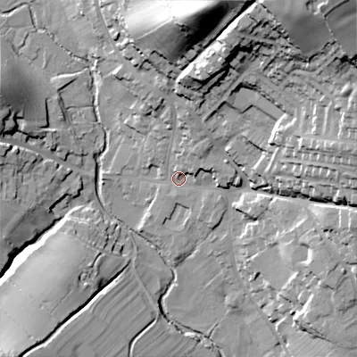 Shaded relief map of the ground around ST104DY, computed from Environment Agency LiDAR. The ground here sits at about 132 m above sea level and falls 48 m across the surrounding 800 m. Surface water reaching this point runs off ground lying to the north-north-east, 42.6 m higher.