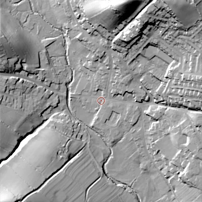 Shaded relief map of the ground around ST104DZ, computed from Environment Agency LiDAR. The ground here sits at about 131 m above sea level and falls 48 m across the surrounding 800 m. Surface water reaching this point runs off ground lying to the north-east, 43.5 m higher.
