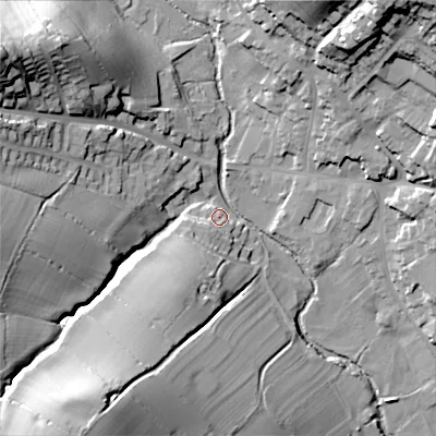 Shaded relief map of the ground around ST104EE, computed from Environment Agency LiDAR. The ground here sits at about 133 m above sea level and falls 39 m across the surrounding 800 m. Surface water reaching this point runs off ground lying to the south-west, 5.9 m higher.