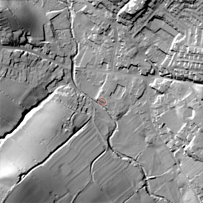 Shaded relief map of the ground around ST104FD, computed from Environment Agency LiDAR. The ground here sits at about 131 m above sea level and falls 37 m across the surrounding 800 m. Surface water reaching this point runs off ground lying to the south-west, 31.3 m higher.