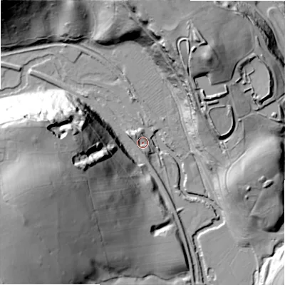 Shaded relief map of the ground around ST104FJ, computed from Environment Agency LiDAR. The ground here sits at about 96 m above sea level and falls 58 m across the surrounding 800 m. Surface water reaching this point runs off ground lying to the west-north-west, 8.7 m higher.