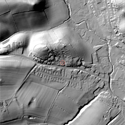 Shaded relief map of the ground around ST104JF, computed from Environment Agency LiDAR. The ground here sits at about 146 m above sea level and falls 49 m across the surrounding 800 m. Surface water reaching this point runs off ground lying to the north-west, 19.2 m higher.
