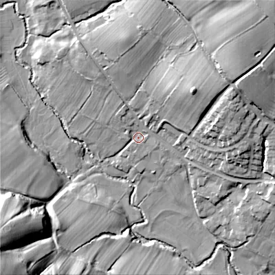 Shaded relief map of the ground around ST104LL, computed from Environment Agency LiDAR. The ground here sits at about 126 m above sea level and falls 49 m across the surrounding 800 m. Surface water reaching this point runs off ground lying to the north-east, 16.3 m higher.