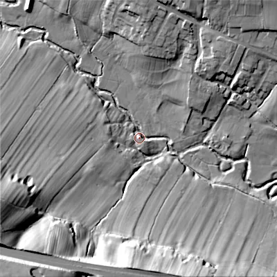 Shaded relief map of the ground around ST104NF, computed from Environment Agency LiDAR. The ground here sits at about 120 m above sea level and falls 54 m across the surrounding 800 m. Surface water reaching this point runs off ground lying to the west-south-west, 43.9 m higher.