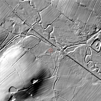Shaded relief map of the ground around ST104NZ, computed from Environment Agency LiDAR. The ground here sits at about 140 m above sea level and falls 26 m across the surrounding 800 m. Surface water reaching this point runs off ground lying to the south-west, 16.2 m higher.