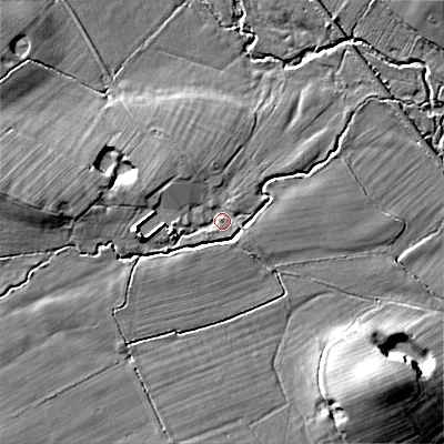 Shaded relief map of the ground around ST104PB, computed from Environment Agency LiDAR. The ground here sits at about 147 m above sea level and falls 14 m across the surrounding 800 m. Surface water reaching this point runs off ground lying to the west, 7.7 m higher.