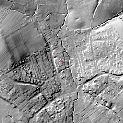 Shaded relief map of the ground around ST119DB, computed from Environment Agency LiDAR. The ground here sits at about 177 m above sea level and falls 27 m across the surrounding 800 m. Surface water reaching this point runs off ground lying to the west, 0.6 m higher.