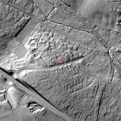 Shaded relief map of the ground around ST119JS, computed from Environment Agency LiDAR. The ground here sits at about 179 m above sea level and falls 26 m across the surrounding 800 m. Surface water reaching this point runs off ground lying to the west-south-west, 5.2 m higher.