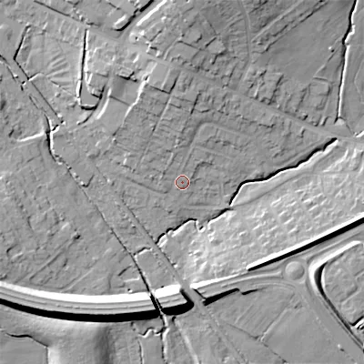 Shaded relief map of the ground around ST119NX, computed from Environment Agency LiDAR. The ground here sits at about 169 m above sea level and falls 17 m across the surrounding 800 m. Surface water reaching this point runs off ground lying to the north, 7.6 m higher.