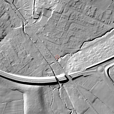 Shaded relief map of the ground around ST119RJ, computed from Environment Agency LiDAR. The ground here sits at about 166 m above sea level and falls 15 m across the surrounding 800 m. Surface water reaching this point runs off ground lying to the west-north-west, 2.6 m higher.